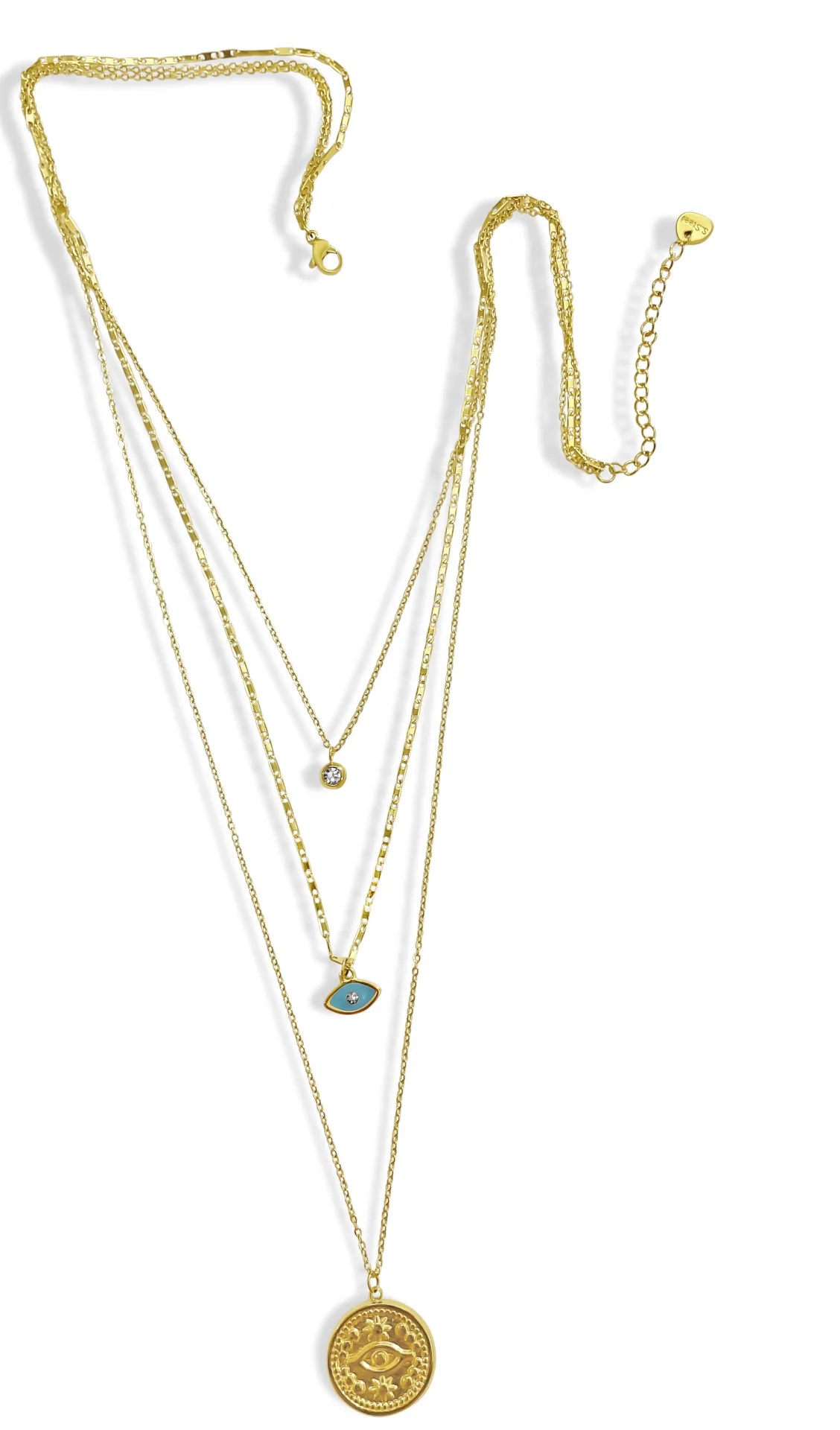 Κολιέ γυναικείο, από ανοξείδωτο ατσάλι, τριπλό, 43 εκατοστά+5εκατοστά αλυσίδα επέκτασης η κοντή αλυσίδα, με ζιργκόν, κίτρινο επιχρύσωμα & ματάκι βασκανίας, silverline, 0330342502,